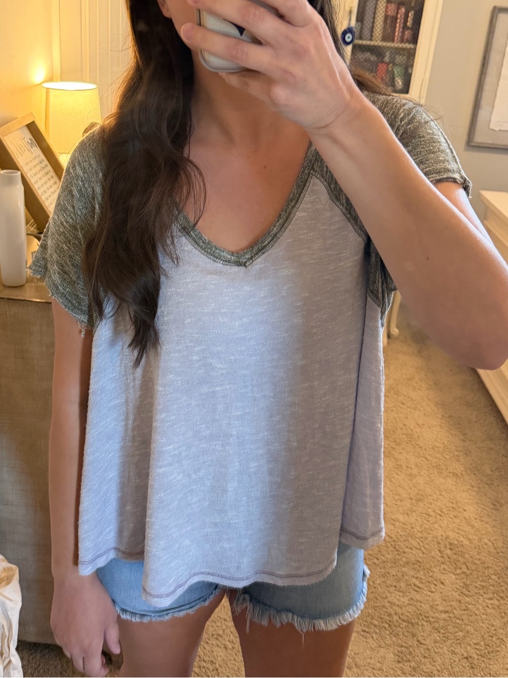 Free People Heathered Gray V-Neck Tee with Olive Trim